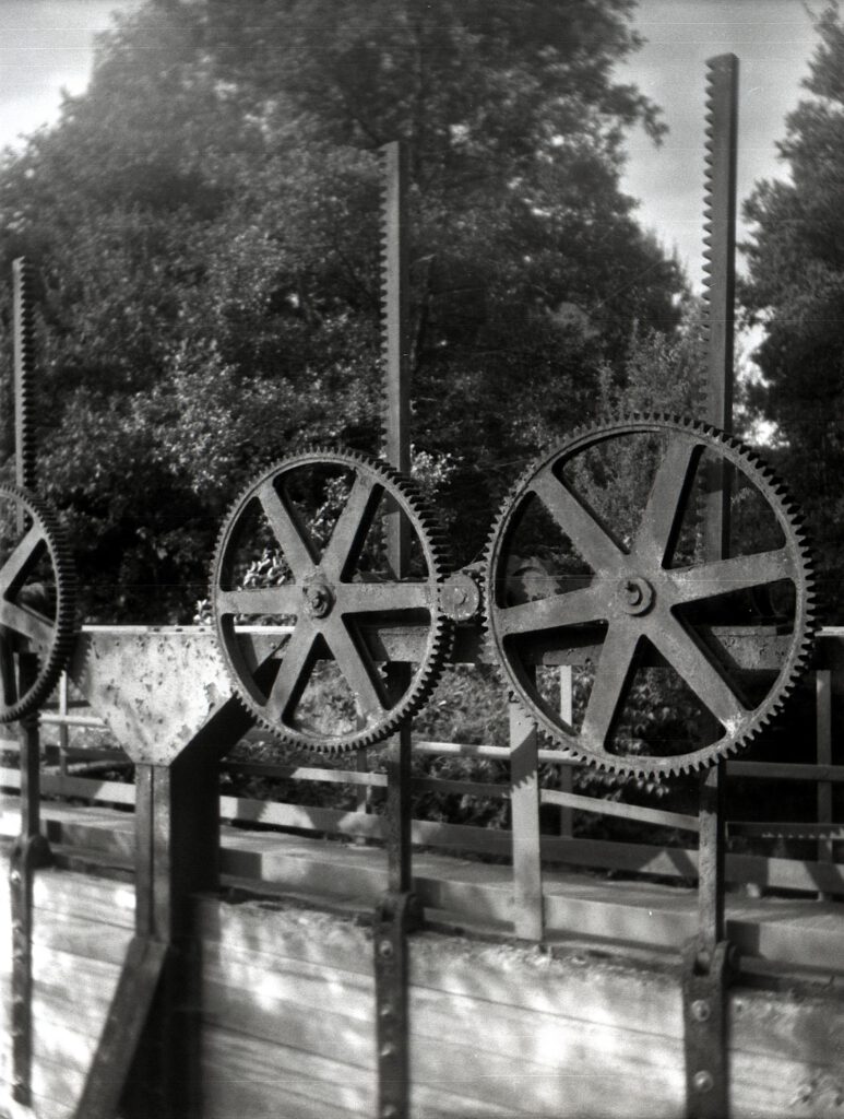 Pionyr-Fomapan100-Zahnräder am Wehr